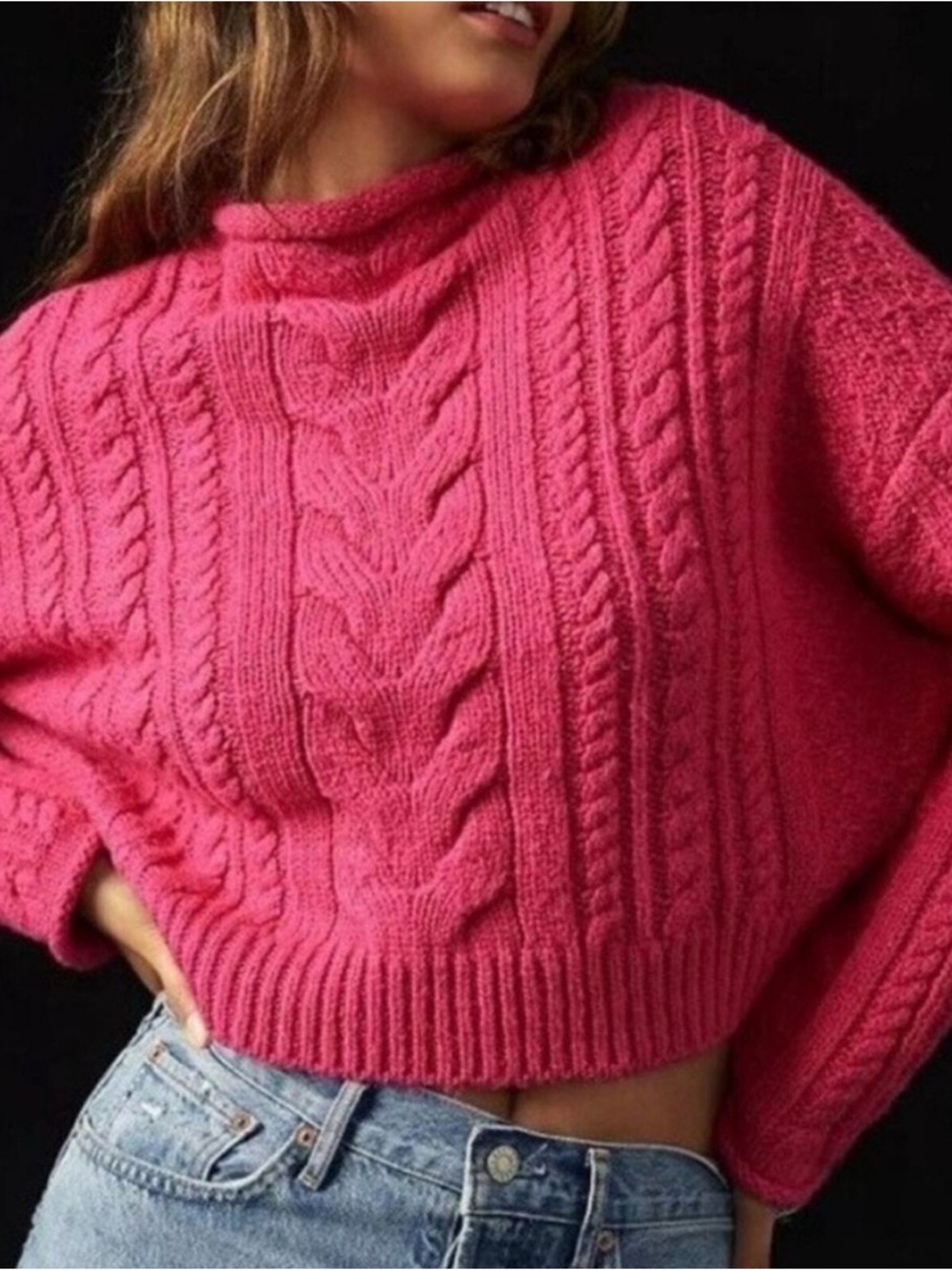 Anthropologie Pilcro pink Mock Neck chunky Cable Knit Sweater size medium